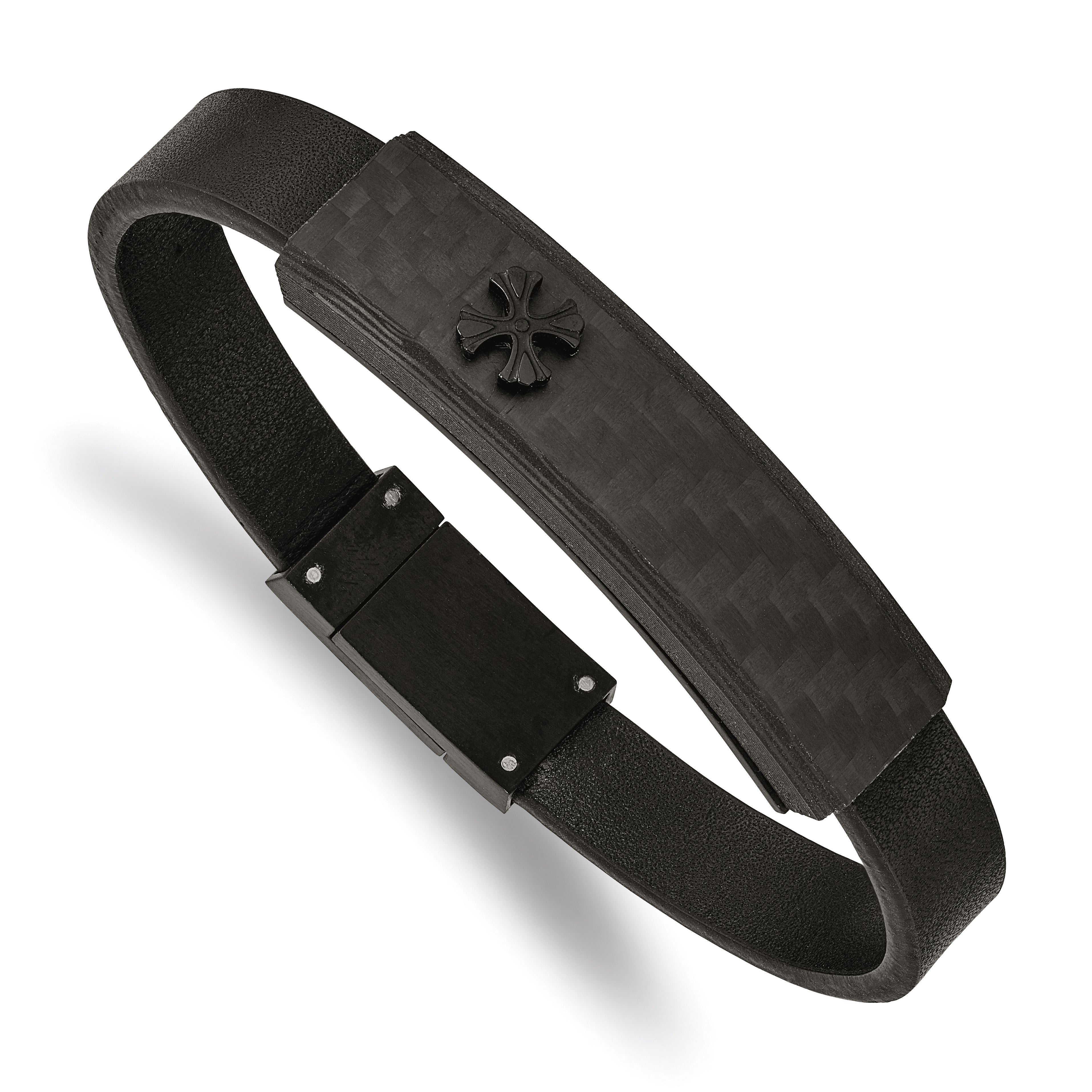 Stainless Steel Brushed Black IP w/Solid Carbon Fiber Leather 8.25in Bracel