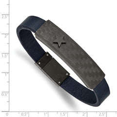 Stainless Steel Polished Black IP Carbon Fiber Blue Faux Leather Bracelet