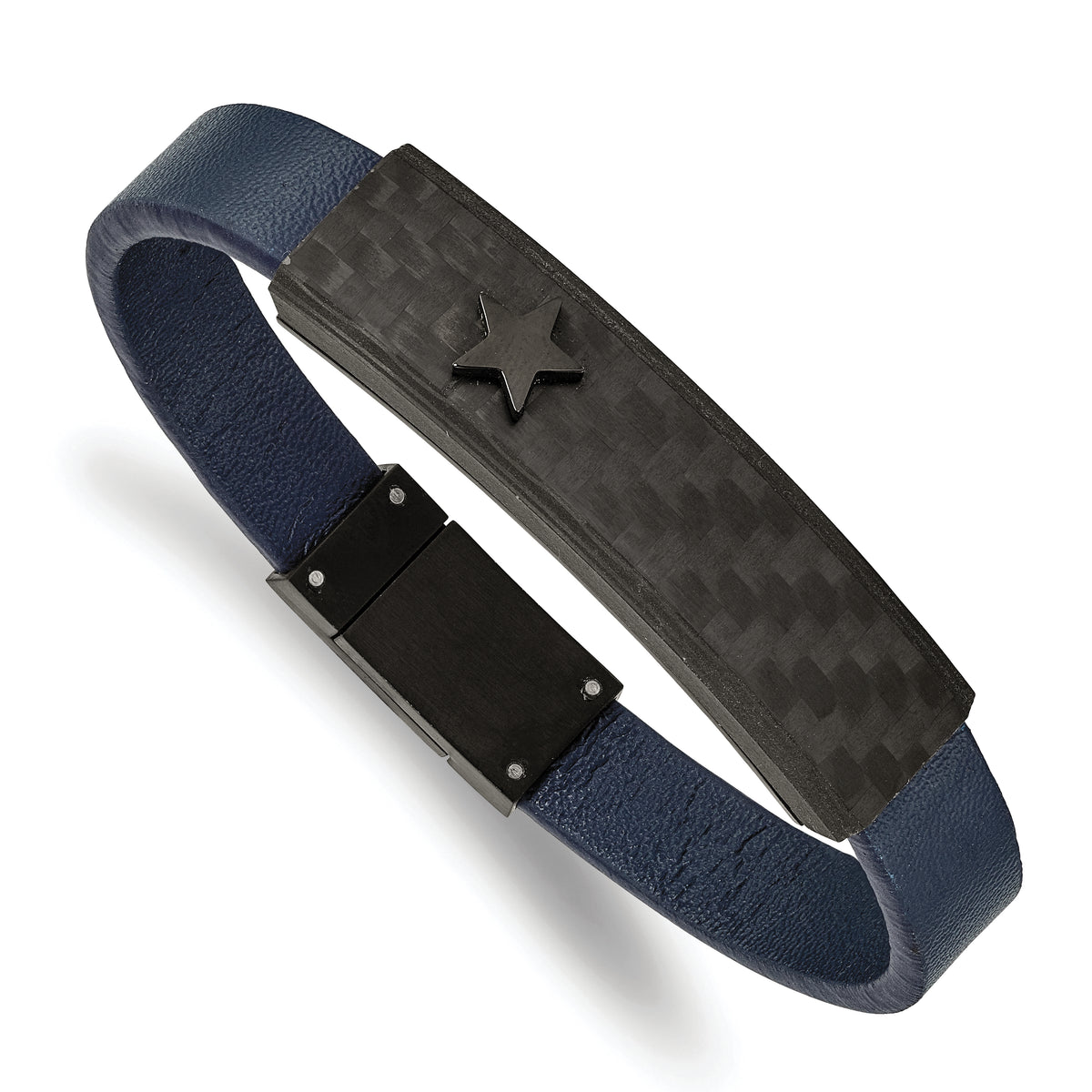 Stainless Steel Polished Black IP Carbon Fiber Blue Faux Leather Bracelet