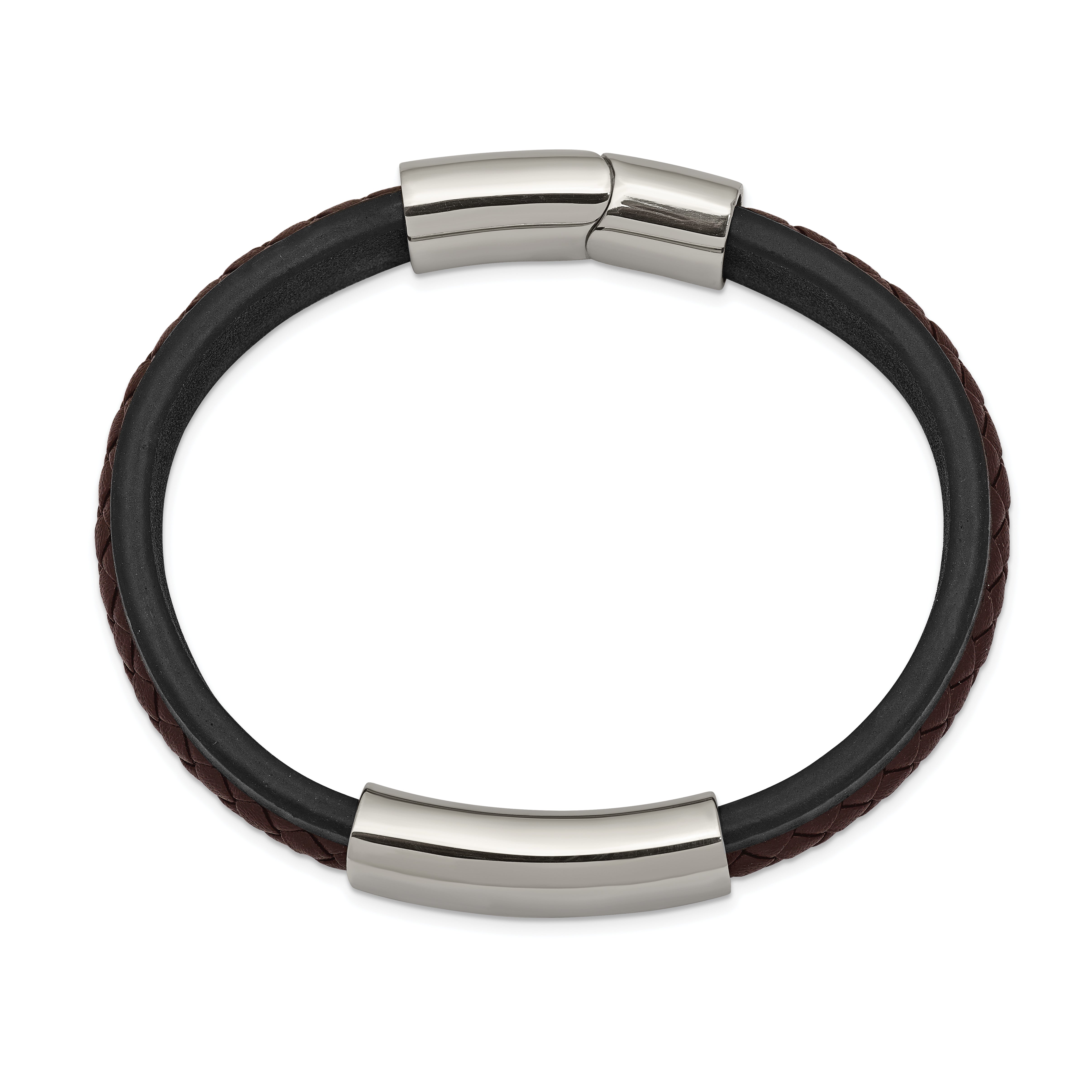 Chisel Stainless Steel Polished Black and Brown Braided Leather 8.25 inch ID Bracelet