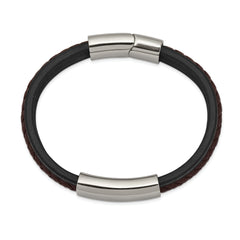 Chisel Stainless Steel Polished Black and Brown Braided Leather 8.25 inch ID Bracelet