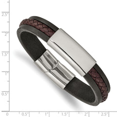 Chisel Stainless Steel Polished Black and Brown Braided Leather 8.25 inch ID Bracelet