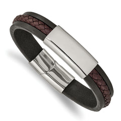 Chisel Stainless Steel Polished Black and Brown Braided Leather 8.25 inch ID Bracelet