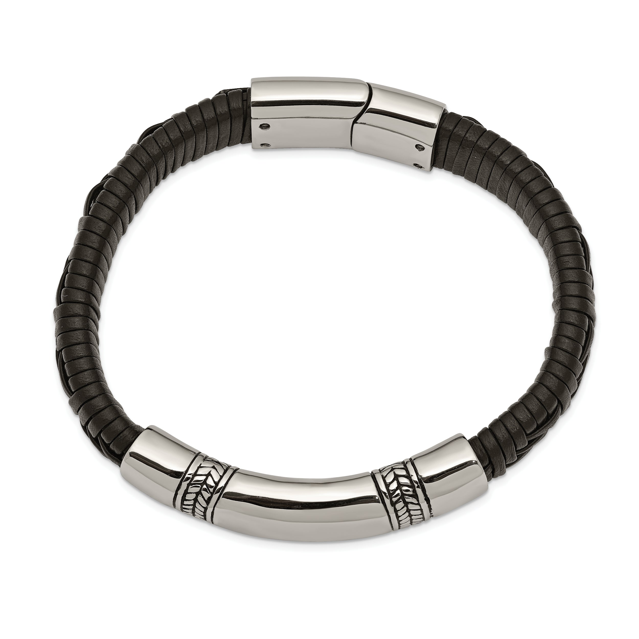 Chisel Stainless Steel Antiqued and Polished Black Woven Leather 8.25 inch ID Bracelet