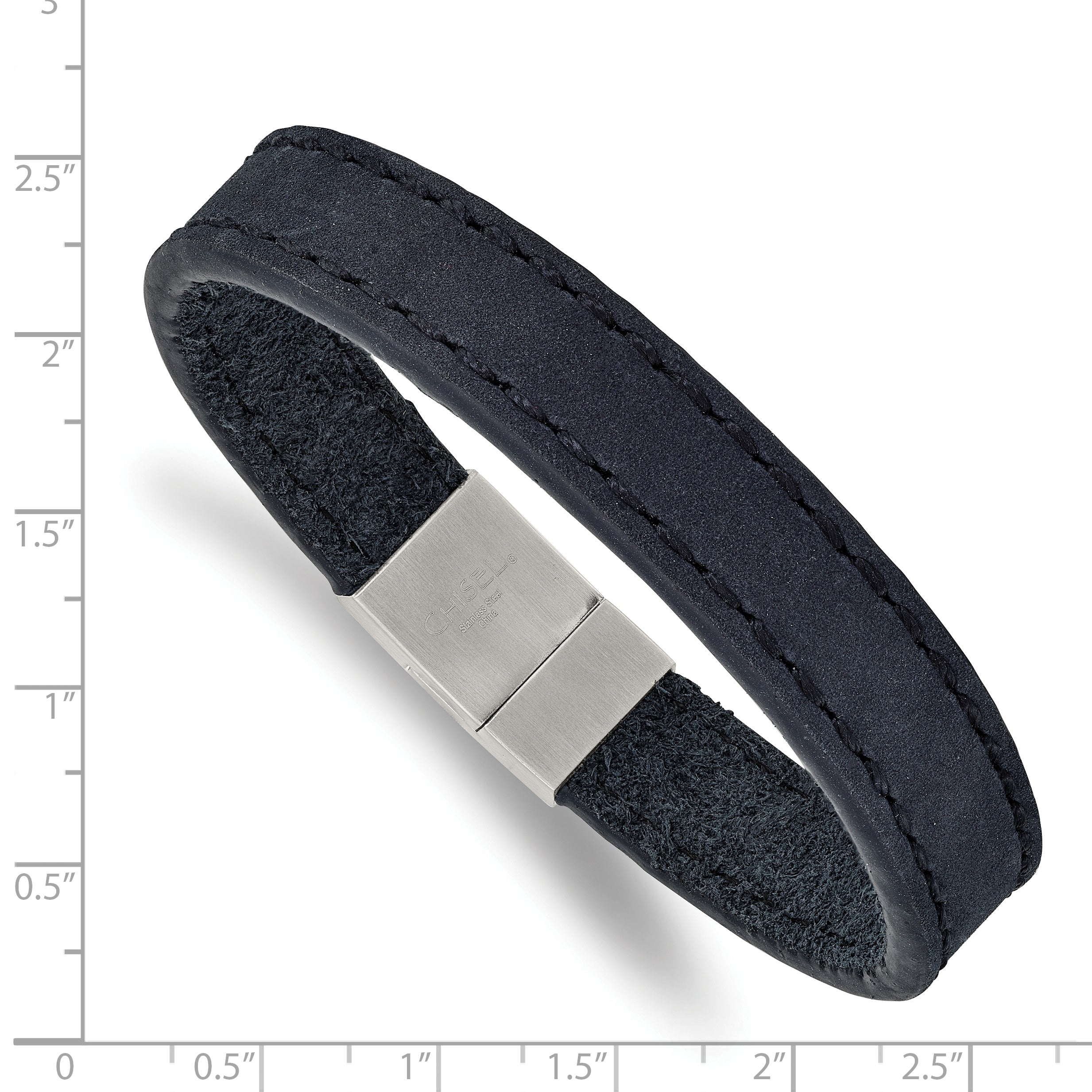 Stainless Steel Brushed Blue Leather 8.5in Bracelet