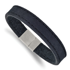 Stainless Steel Brushed Blue Leather 8.5in Bracelet