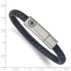 Chisel Stainless Steel Antiqued and Brushed Compass Navy Blue Braided Leather 8 inch Bracelet