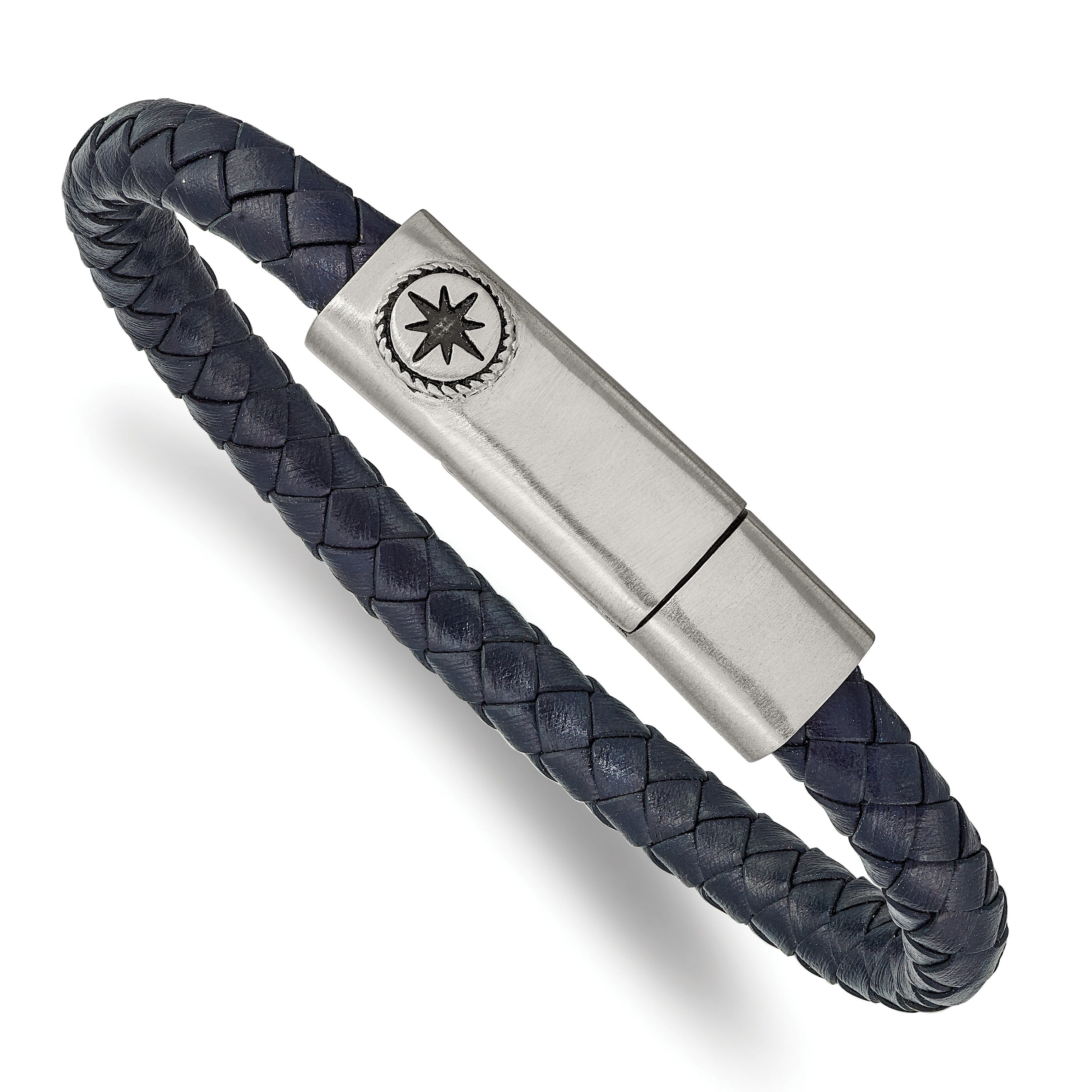 Chisel Stainless Steel Antiqued and Brushed Compass Navy Blue Braided Leather 8 inch Bracelet