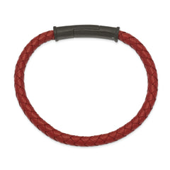 Chisel Stainless Steel Brushed Black IP-plated Red Braided Leather 8.5 inch Bracelet