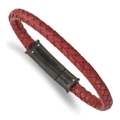 Chisel Stainless Steel Brushed Black IP-plated Red Braided Leather 8.5 inch Bracelet