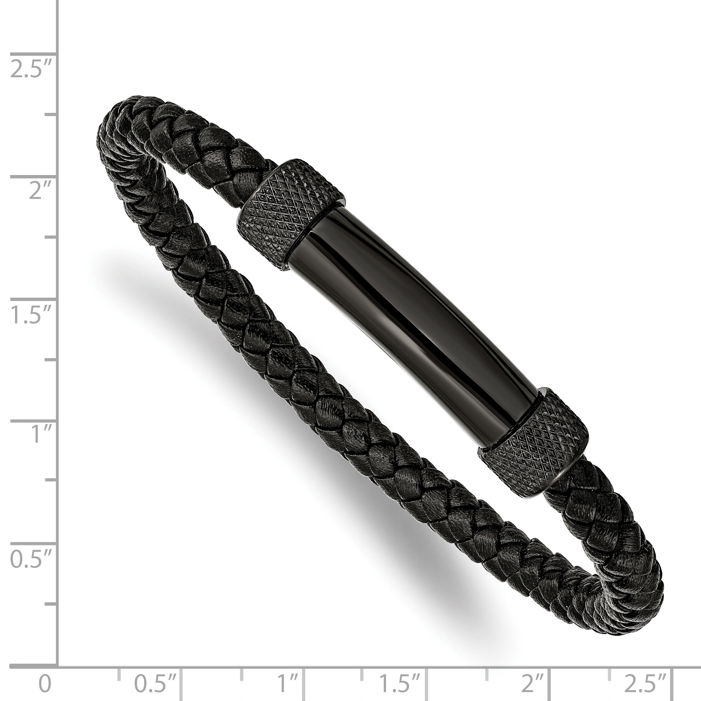 Chisel Stainless Steel Polished Black IP-plated Black Braided Leather 8.25 inch Bracelet