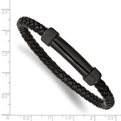 Chisel Stainless Steel Polished Black IP-plated Black Braided Leather 8.25 inch Bracelet