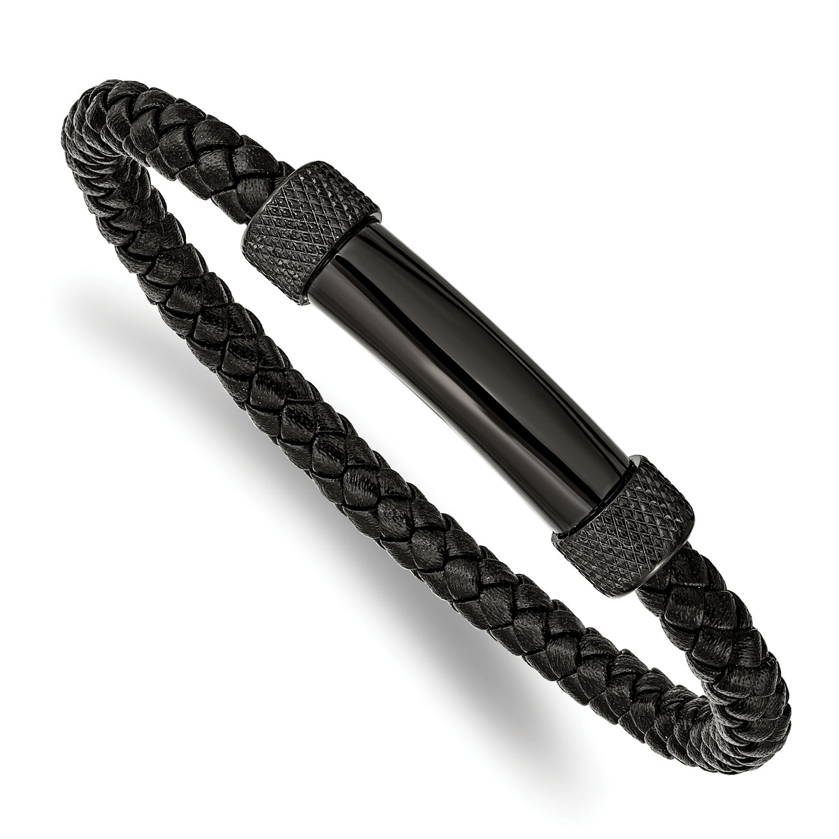 Chisel Stainless Steel Polished Black IP-plated Black Braided Leather 8.25 inch Bracelet