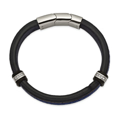 Chisel Stainless Steel Polished with CZ Black and Blue Braided Leather 8 inch Bracelet with .5 inch Extension