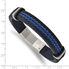 Chisel Stainless Steel Polished with CZ Black and Blue Braided Leather 8 inch Bracelet with .5 inch Extension