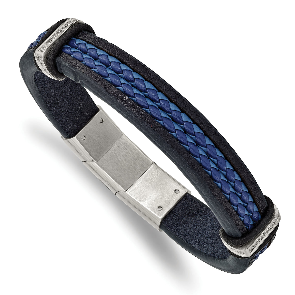 Chisel Stainless Steel Polished with CZ Black and Blue Braided Leather 8 inch Bracelet with .5 inch Extension