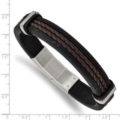 Chisel Stainless Steel Polished Black and Brown Braided Leather 8 inch Bracelet with .5 inch Extension