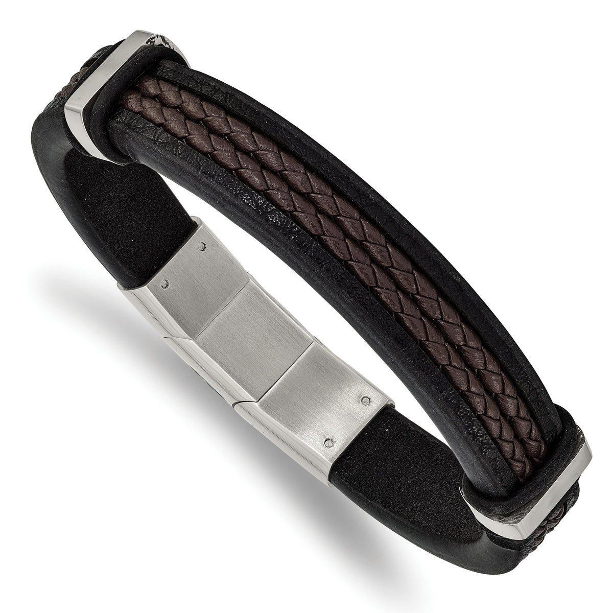 Chisel Stainless Steel Polished Black and Brown Braided Leather 8 inch Bracelet with .5 inch Extension