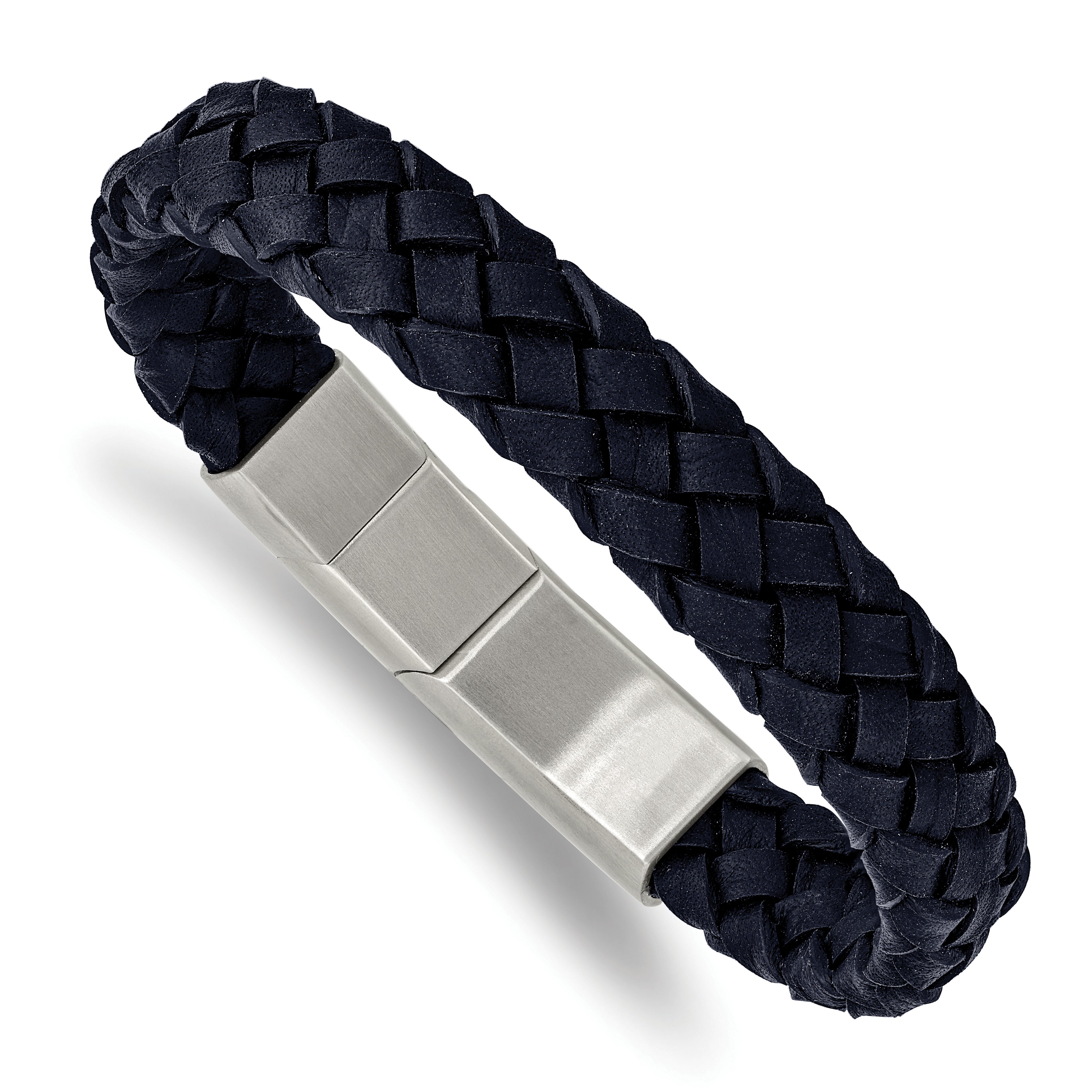 Chisel Stainless Steel Brushed Navy Blue Braided Leather 8.25 inch Bracelet with .5 inch Extension