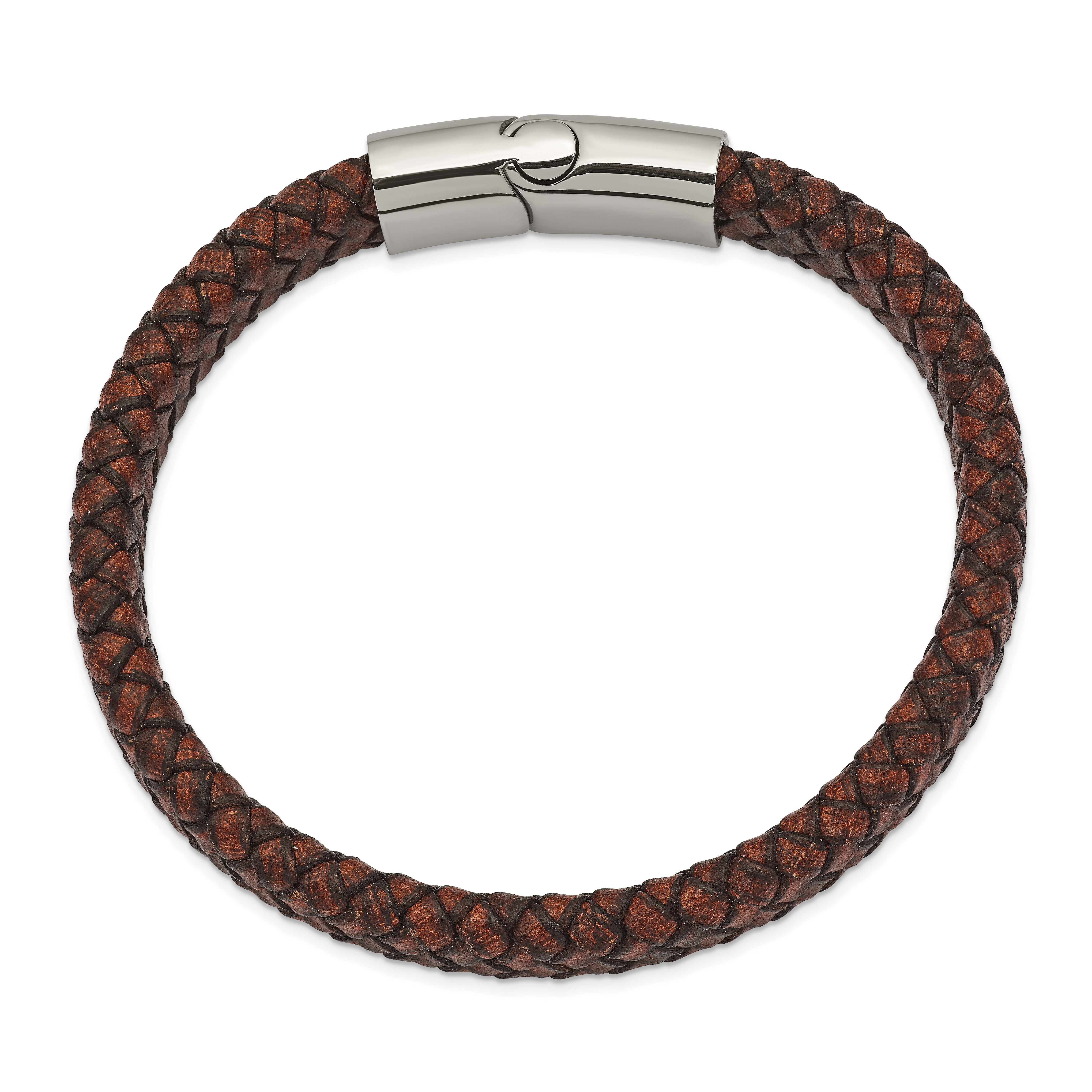 Chisel Stainless Steel Polished Brown Braided Leather 11.50mm 8.5 inch Bracelet