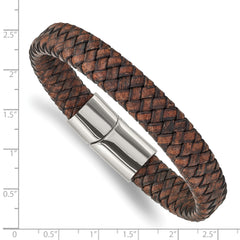 Chisel Stainless Steel Polished Brown Braided Leather 11.50mm 8.5 inch Bracelet