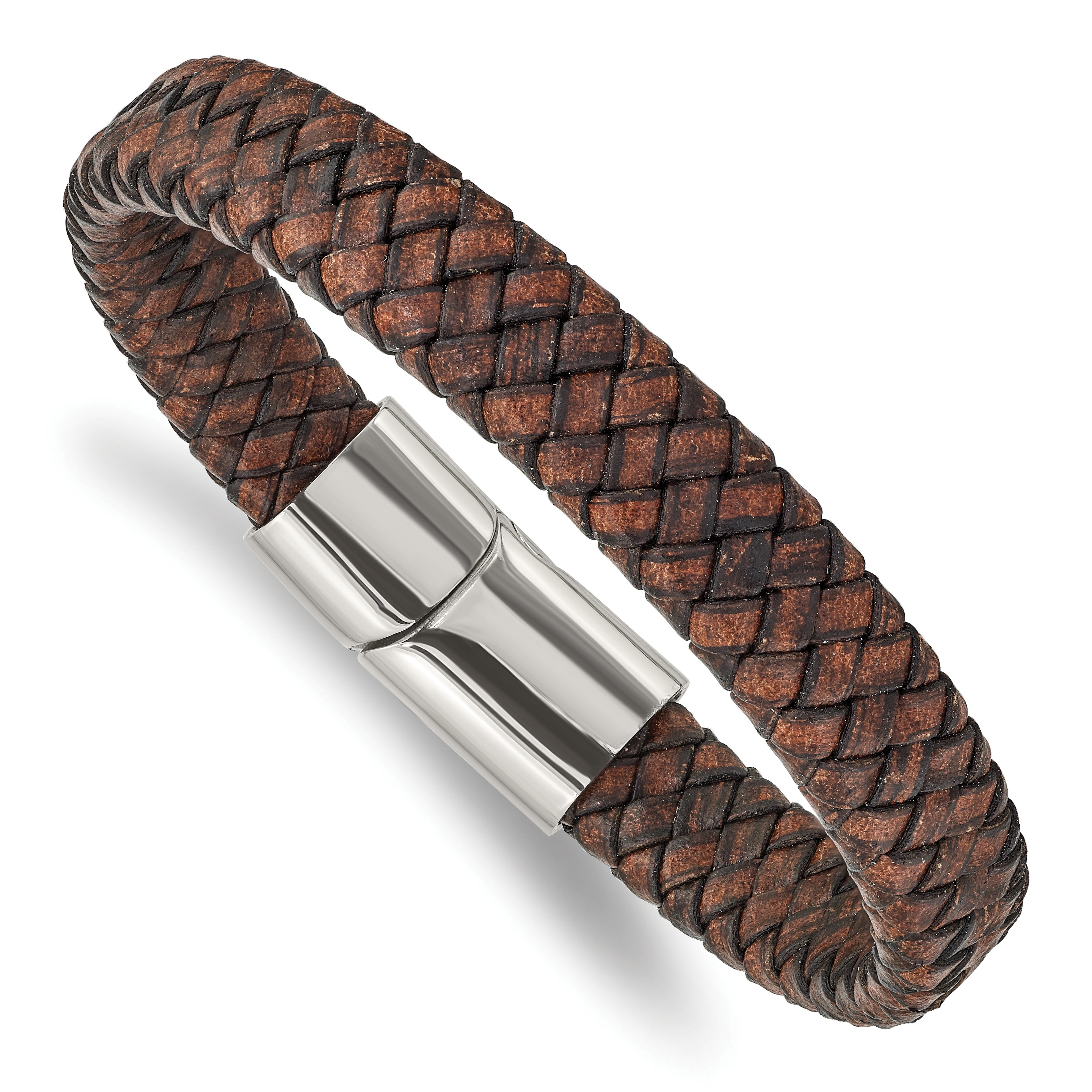 Chisel Stainless Steel Polished Brown Braided Leather 11.50mm 8.5 inch Bracelet