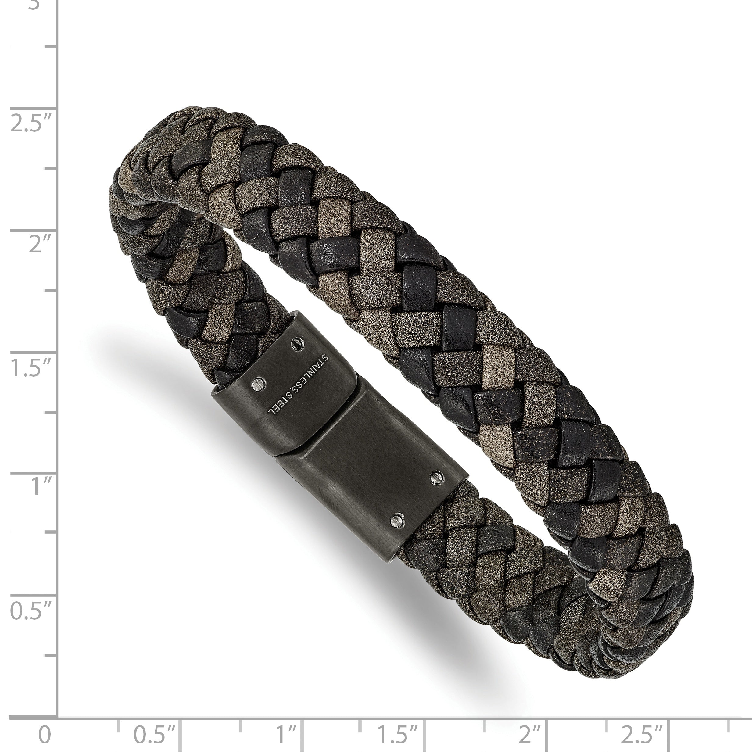 Chisel Stainless Steel Brushed Gun Metal IP-plated Brown Braided Leather 8.25 inch Bracelet