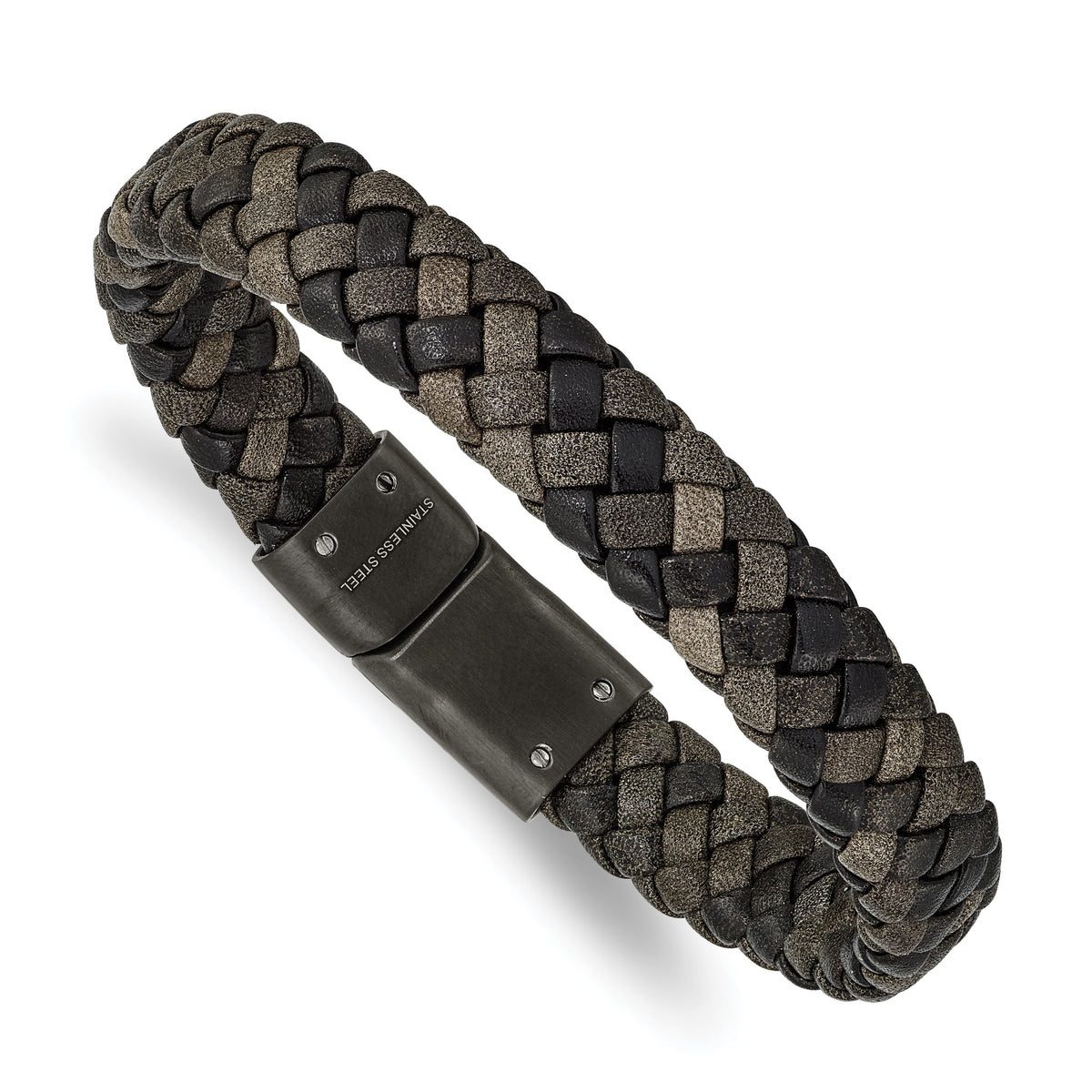 Chisel Stainless Steel Brushed Gun Metal IP-plated Brown Braided Leather 8.25 inch Bracelet