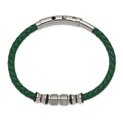 Chisel Stainless Steel Brushed and Polished Black IP-plated with Rubber Green Braided Leather Adjustable 7.75 to 8.25 inch Bracelet