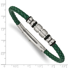 Chisel Stainless Steel Brushed and Polished Black IP-plated with Rubber Green Braided Leather Adjustable 7.75 to 8.25 inch Bracelet