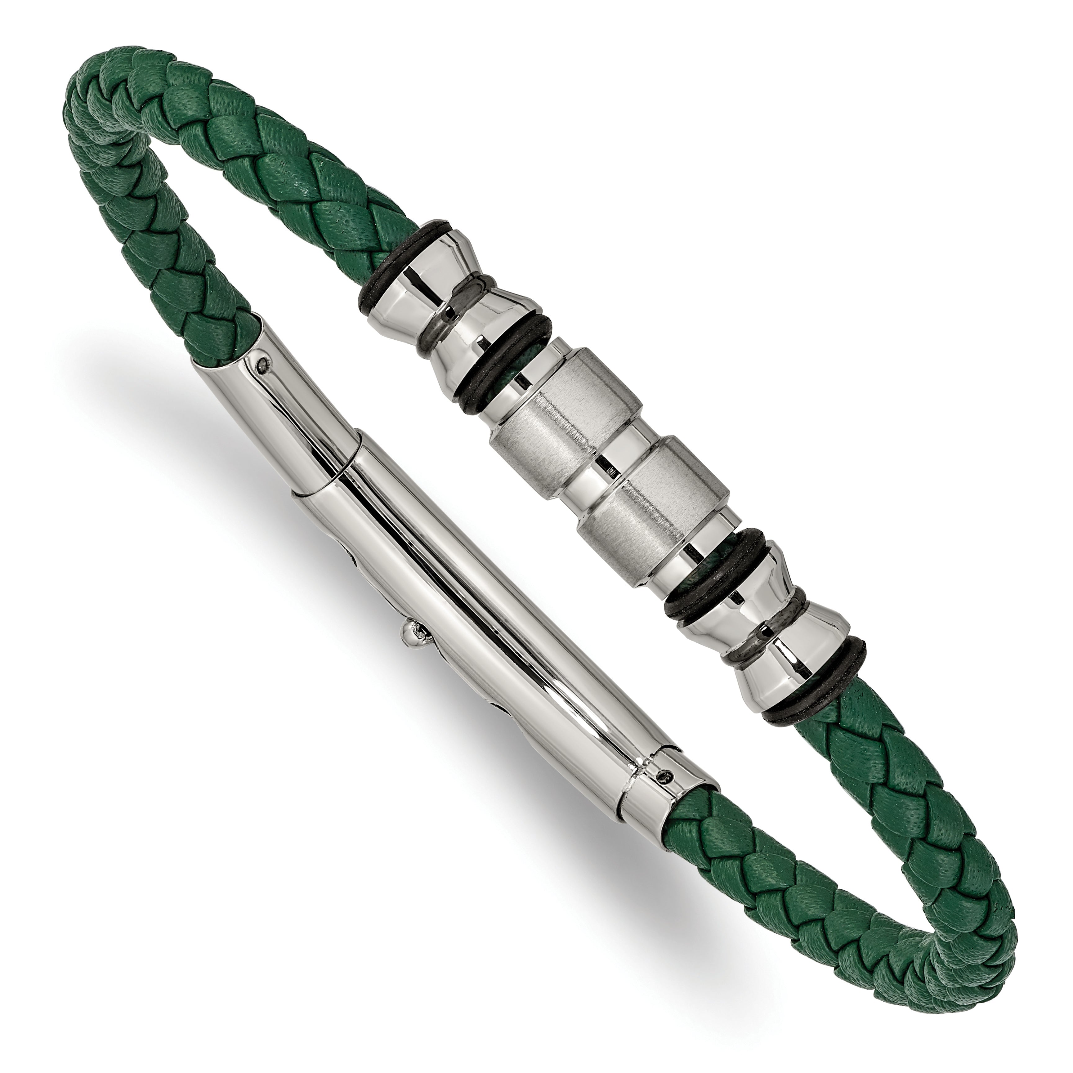 Chisel Stainless Steel Brushed and Polished Black IP-plated with Rubber Green Braided Leather Adjustable 7.75 to 8.25 inch Bracelet