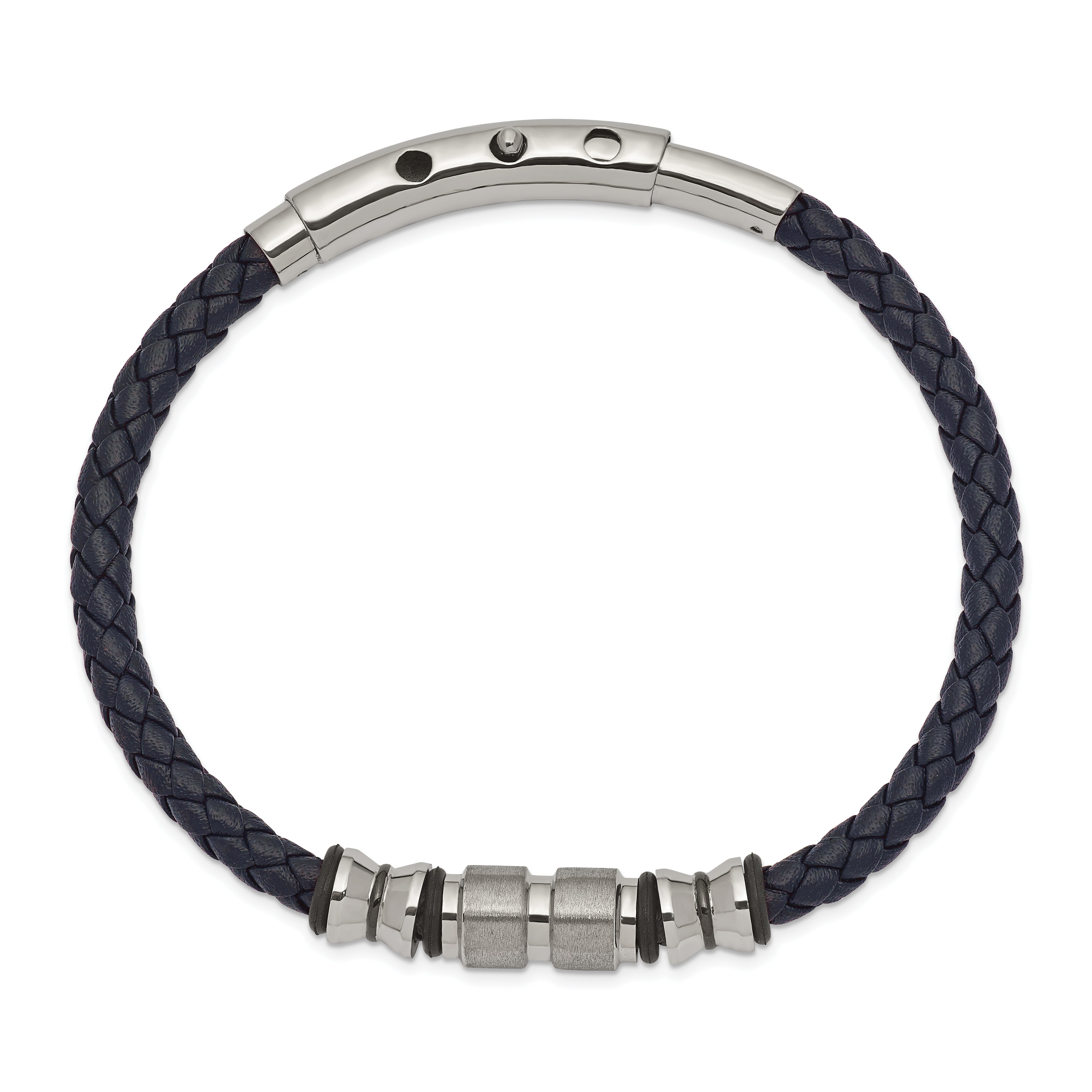 Chisel Stainless Steel Brushed and Polished Black IP-plated with Rubber Blue Braided Leather Adjustable 7.75 to 8.25 inch Bracelet