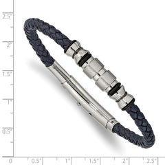 Chisel Stainless Steel Brushed and Polished Black IP-plated with Rubber Blue Braided Leather Adjustable 7.75 to 8.25 inch Bracelet