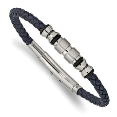 Chisel Stainless Steel Brushed and Polished Black IP-plated with Rubber Blue Braided Leather Adjustable 7.75 to 8.25 inch Bracelet