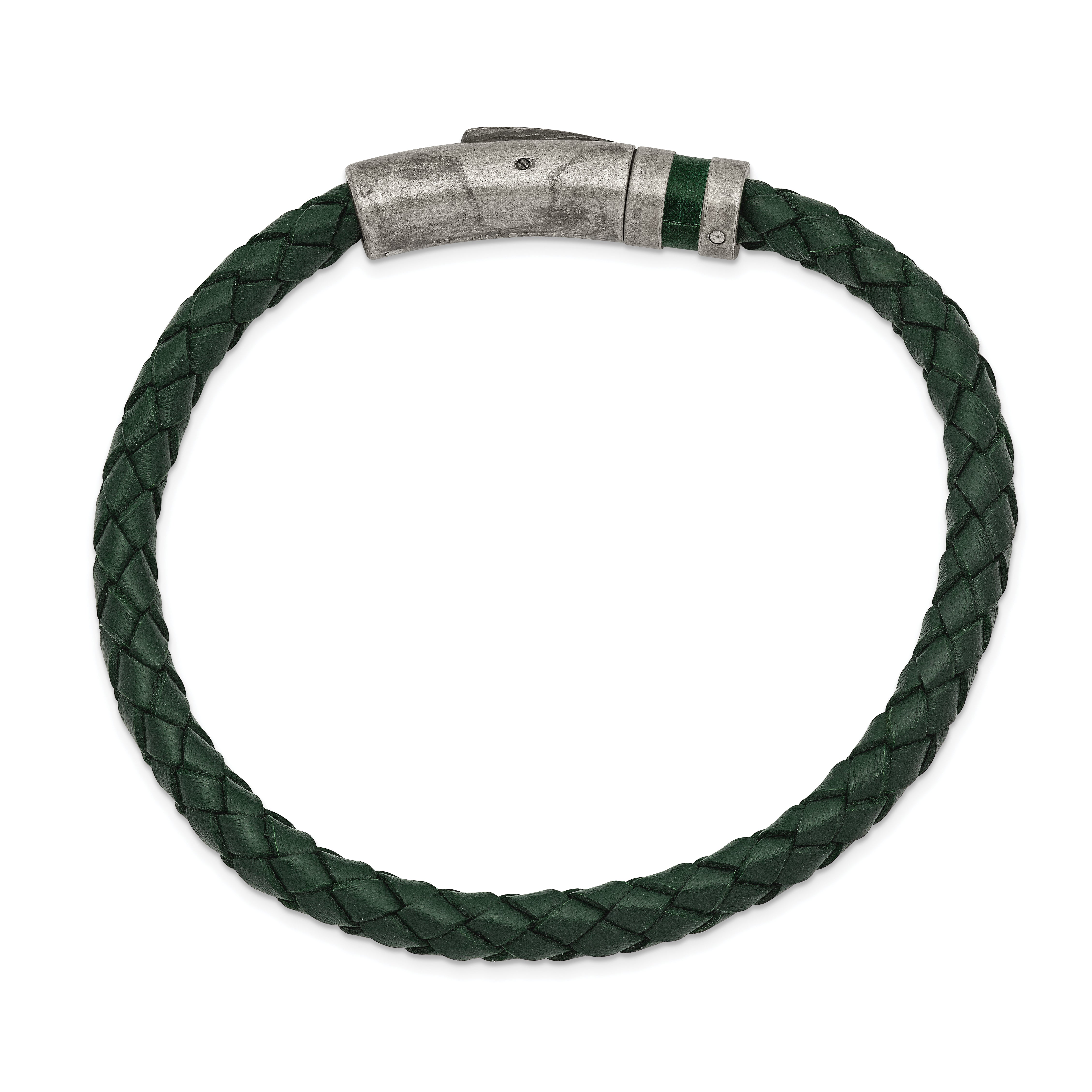 Chisel Stainless Steel Antiqued Green Braided Leather 8.25 inch Bracelet