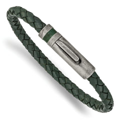 Chisel Stainless Steel Antiqued Green Braided Leather 8.25 inch Bracelet