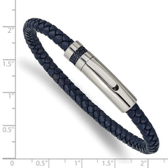 Chisel Stainless Steel Polished Blue Braided Leather 8.25 inch Bracelet