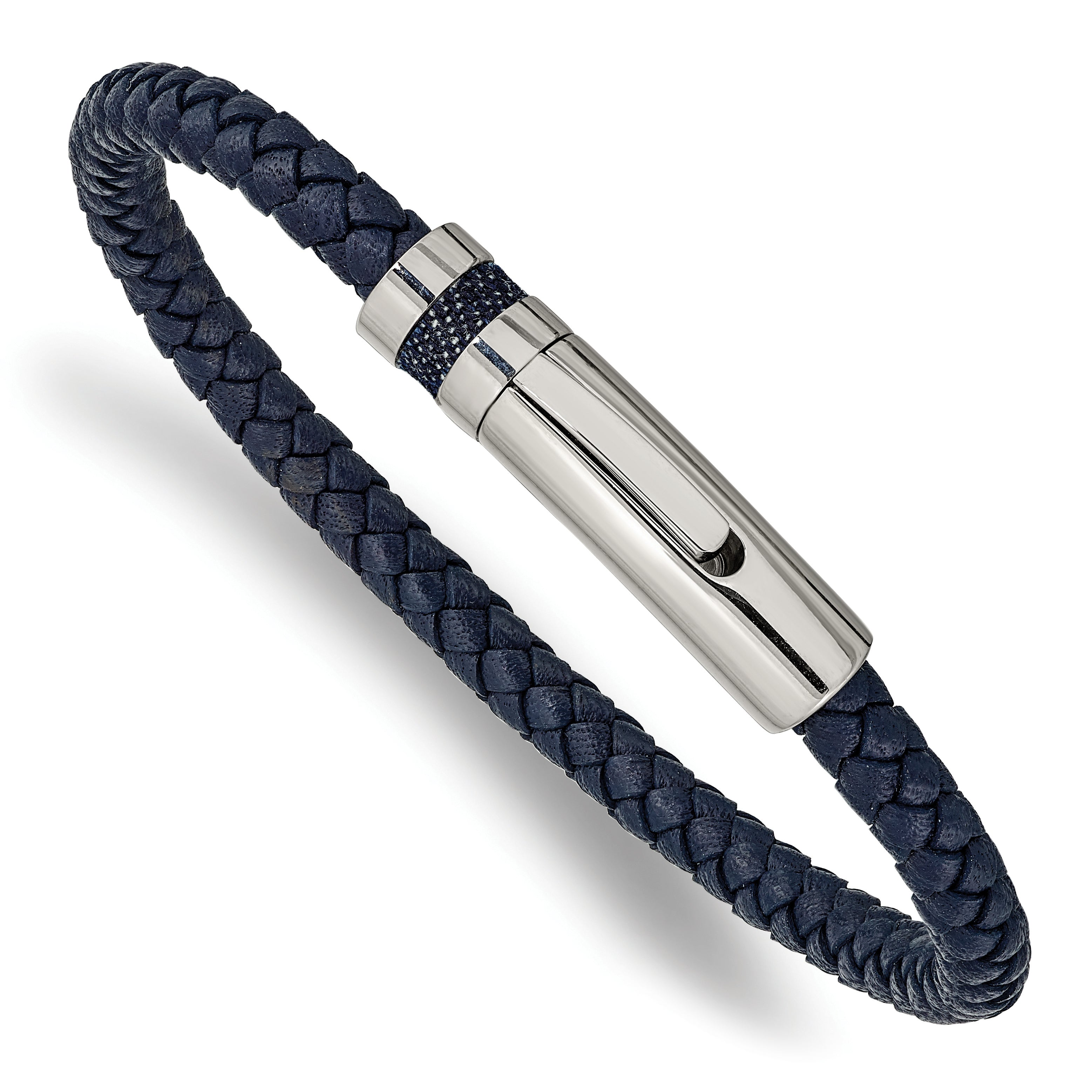 Chisel Stainless Steel Polished Blue Braided Leather 8.25 inch Bracelet