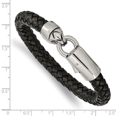 Chisel Stainless Steel Antiqued and Polished Black Braided Leather 8.25 inch Bracelet