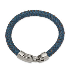 Chisel Stainless Steel Antiqued and Polished Blue Braided Leather 8.25 inch Bracelet