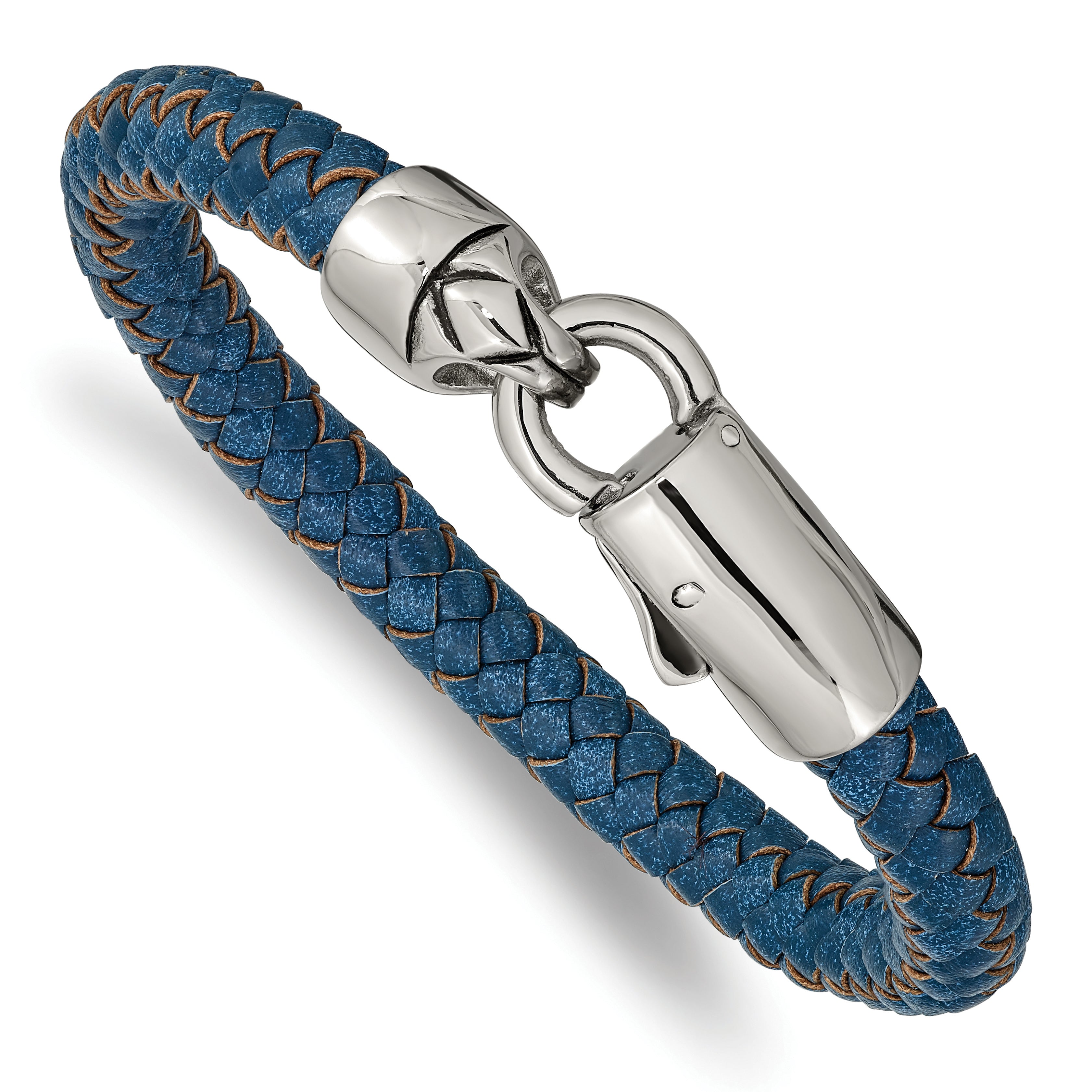 Chisel Stainless Steel Antiqued and Polished Blue Braided Leather 8.25 inch Bracelet