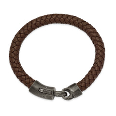 Chisel Stainless Steel Antiqued White Bronze-plated Brown Braided Leather 8.25 inch Bracelet