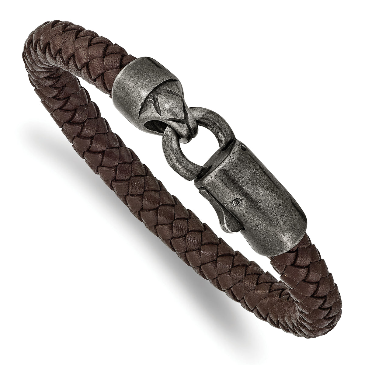 Chisel Stainless Steel Antiqued White Bronze-plated Brown Braided Leather 8.25 inch Bracelet