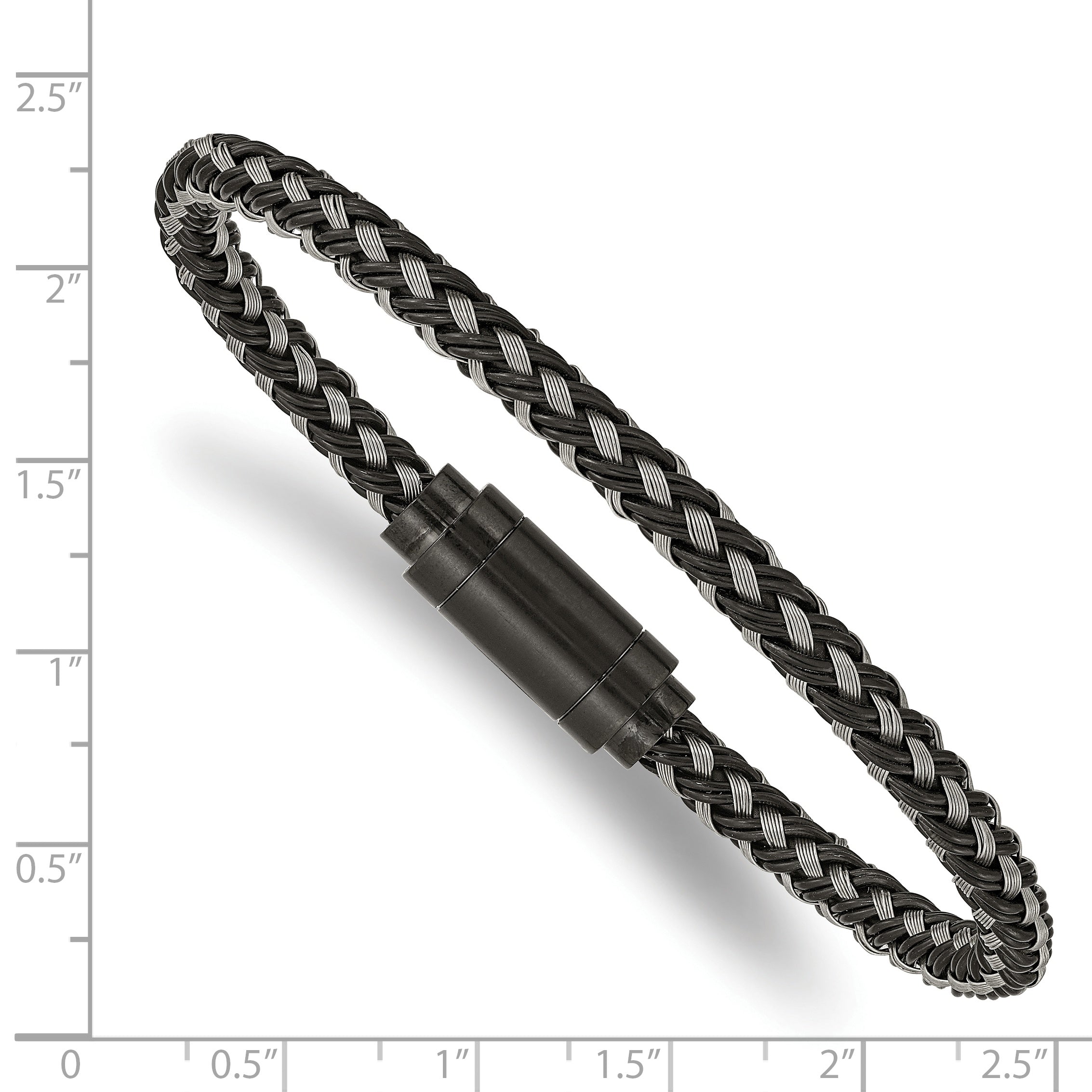 Chisel Stainless Steel Polished Black IP-plated Braided Wire and Rubber 8.25 inch Bracelet