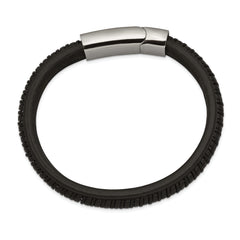 Stainless Steel Polished Black Leather 8.25in Bracelet