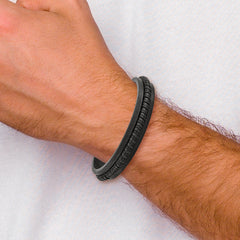 Stainless Steel Polished Black Leather 8.25in Bracelet