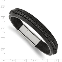 Stainless Steel Polished Black Leather 8.25in Bracelet