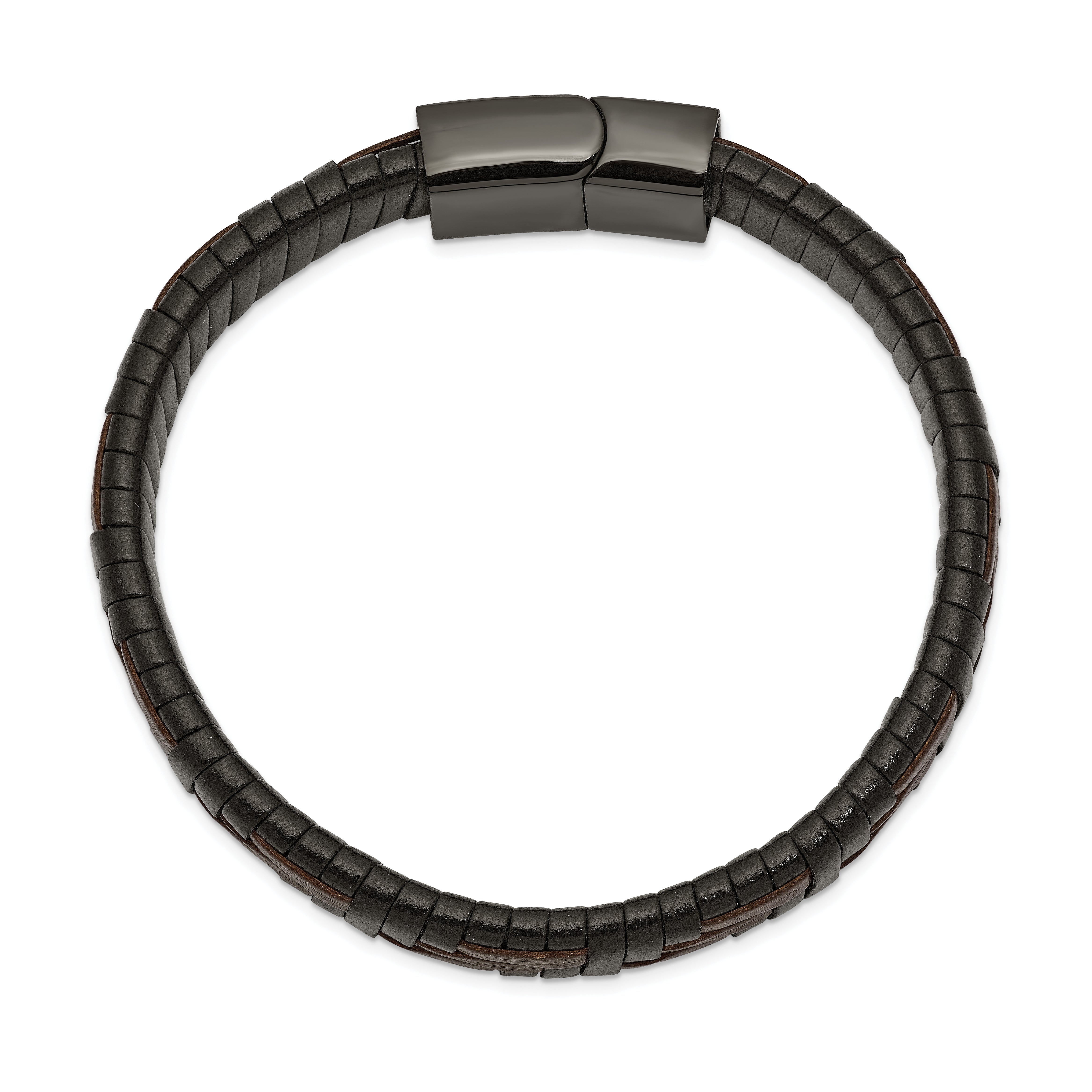 Chisel Stainless Steel Polished Black IP-plated Black and Brown Leather 8.25 inch Bracelet