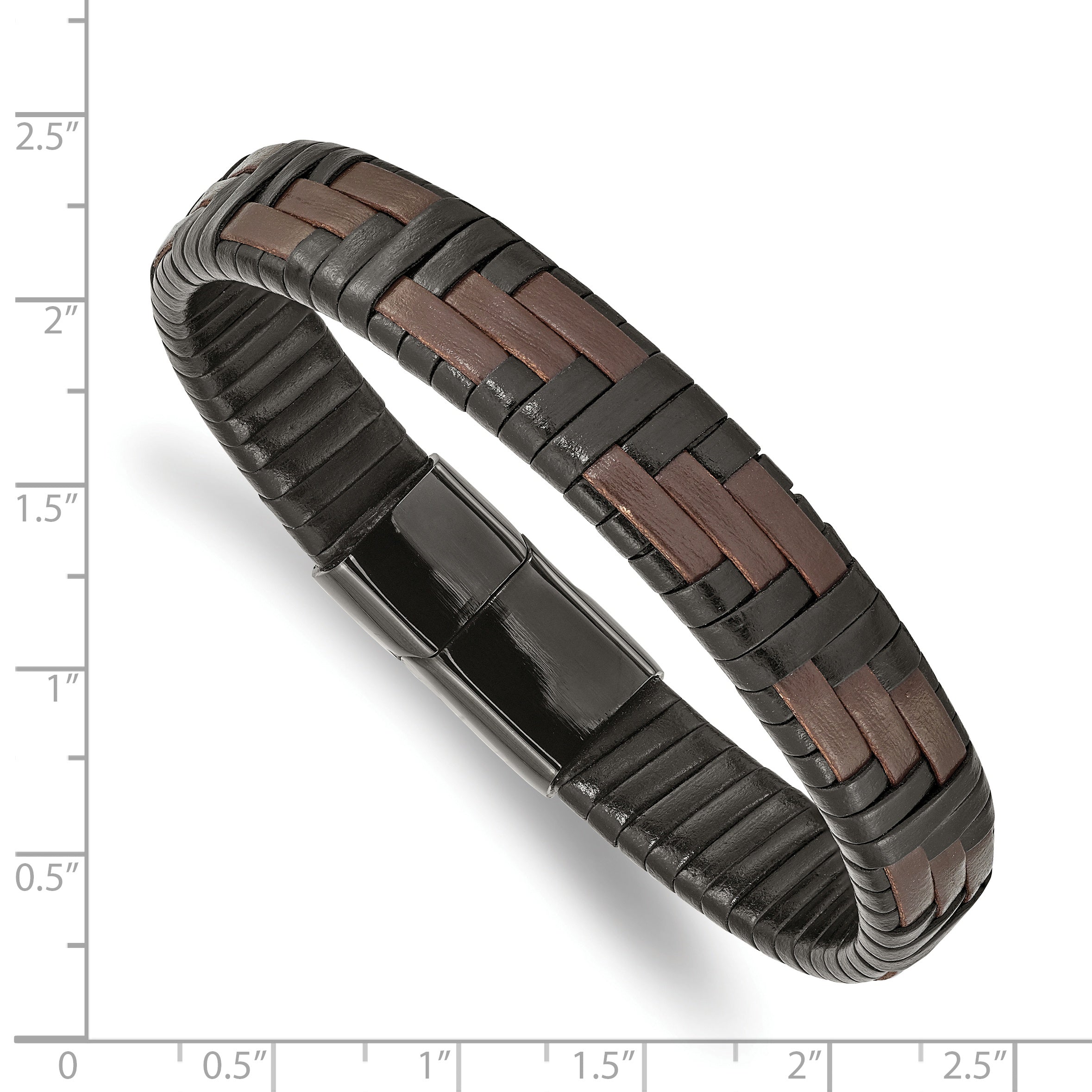 Chisel Stainless Steel Polished Black IP-plated Black and Brown Leather 8.25 inch Bracelet