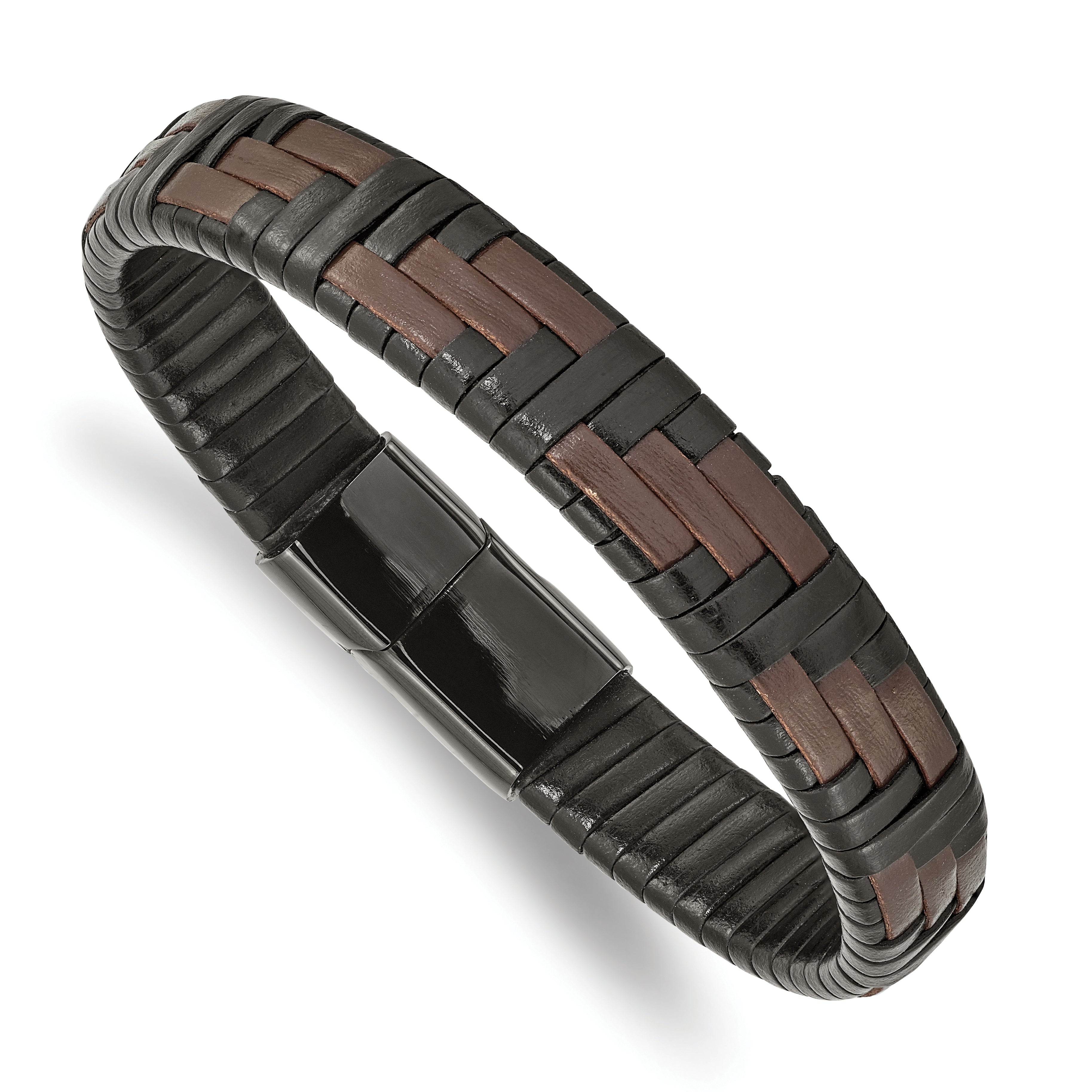 Chisel Stainless Steel Polished Black IP-plated Black and Brown Leather 8.25 inch Bracelet